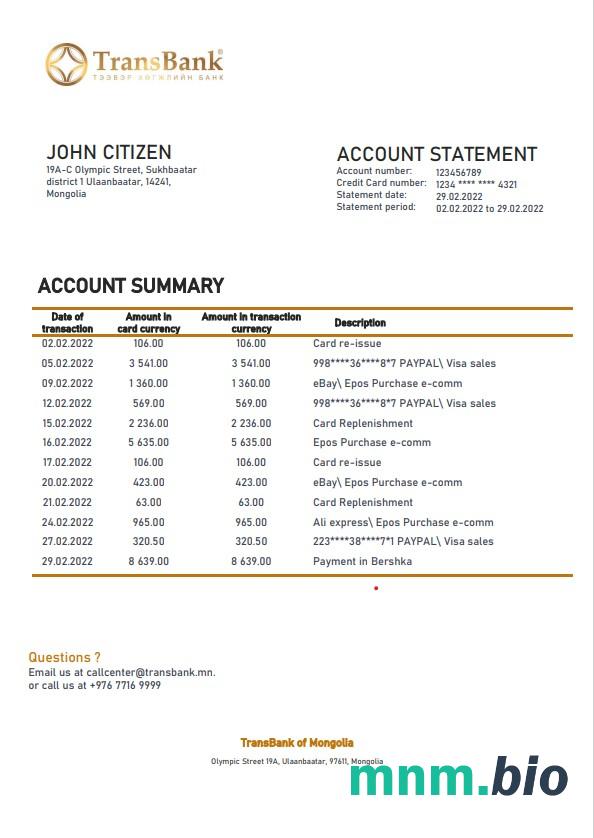 Mongolia Bank Rozwoju Mongolii wzór wyciągu bankowego
